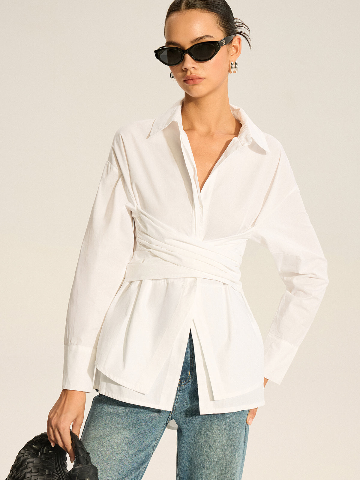 Back Button Cotton Shirt in White — Svelte Chic