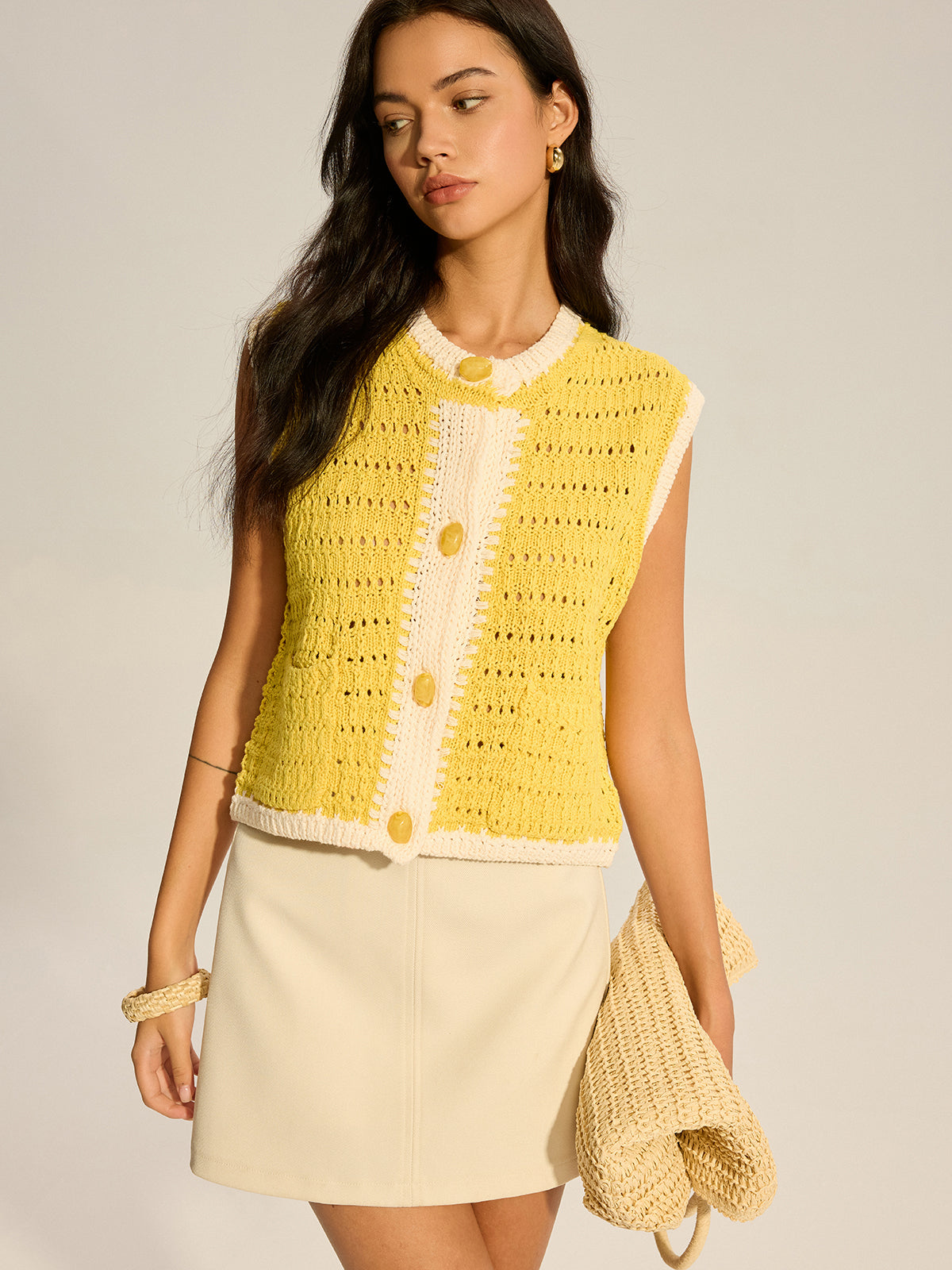 Contrast Trim Crochet Knit Vest in Yellow — Svelte Chic