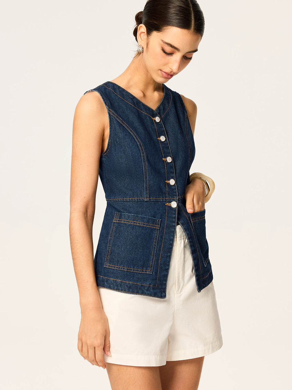 Denim Button Slim Vest — Svelte Chic