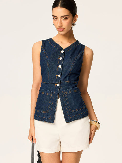 Denim Button Slim Vest — Svelte Chic