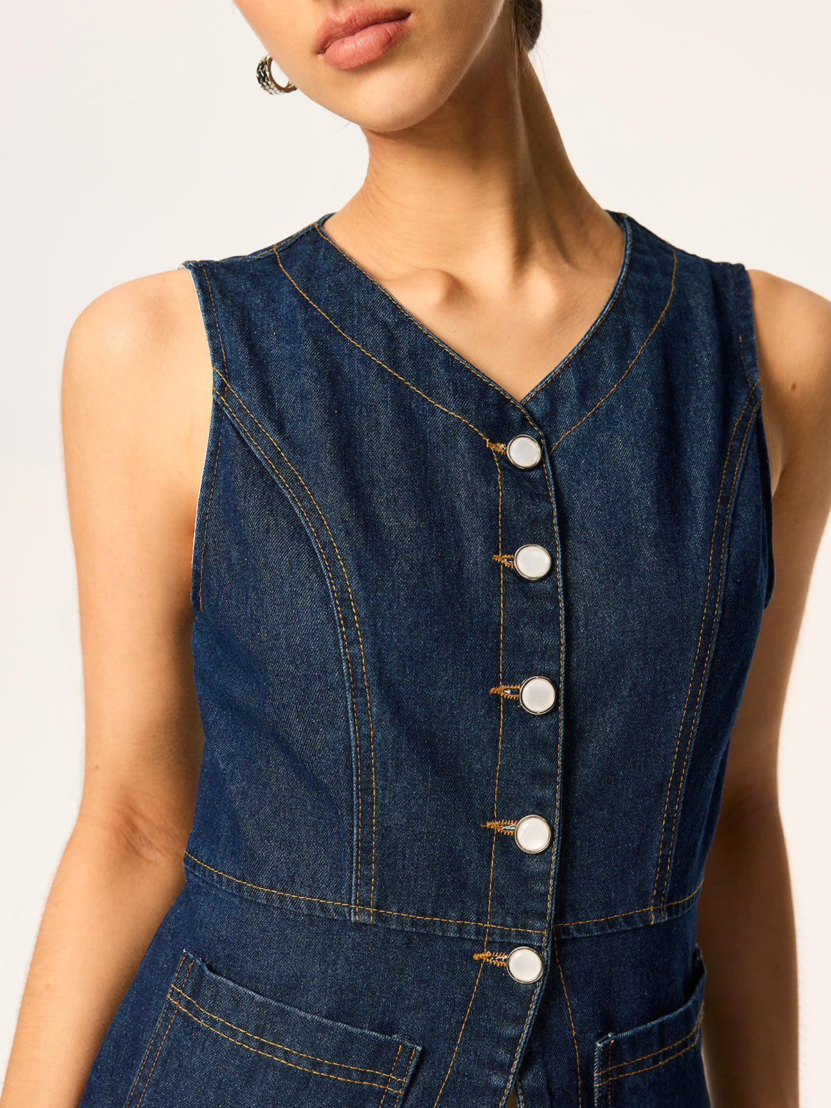 Denim Button Slim Vest — Svelte Chic