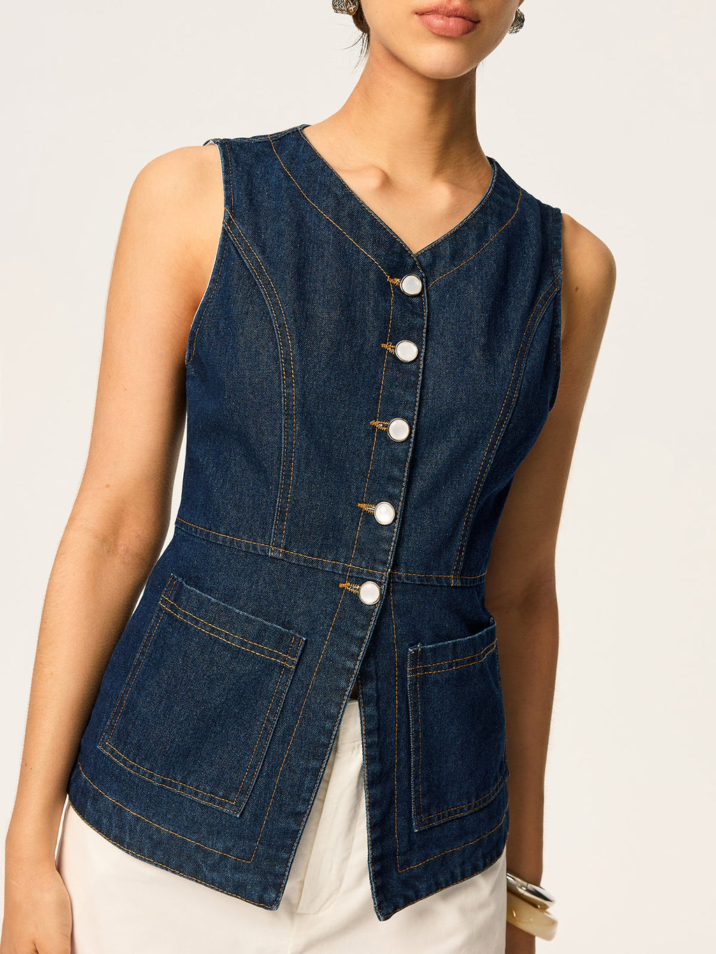 Denim Button Slim Vest — Svelte Chic