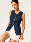 Denim Button Slim Vest in Navy — Svelte Chic