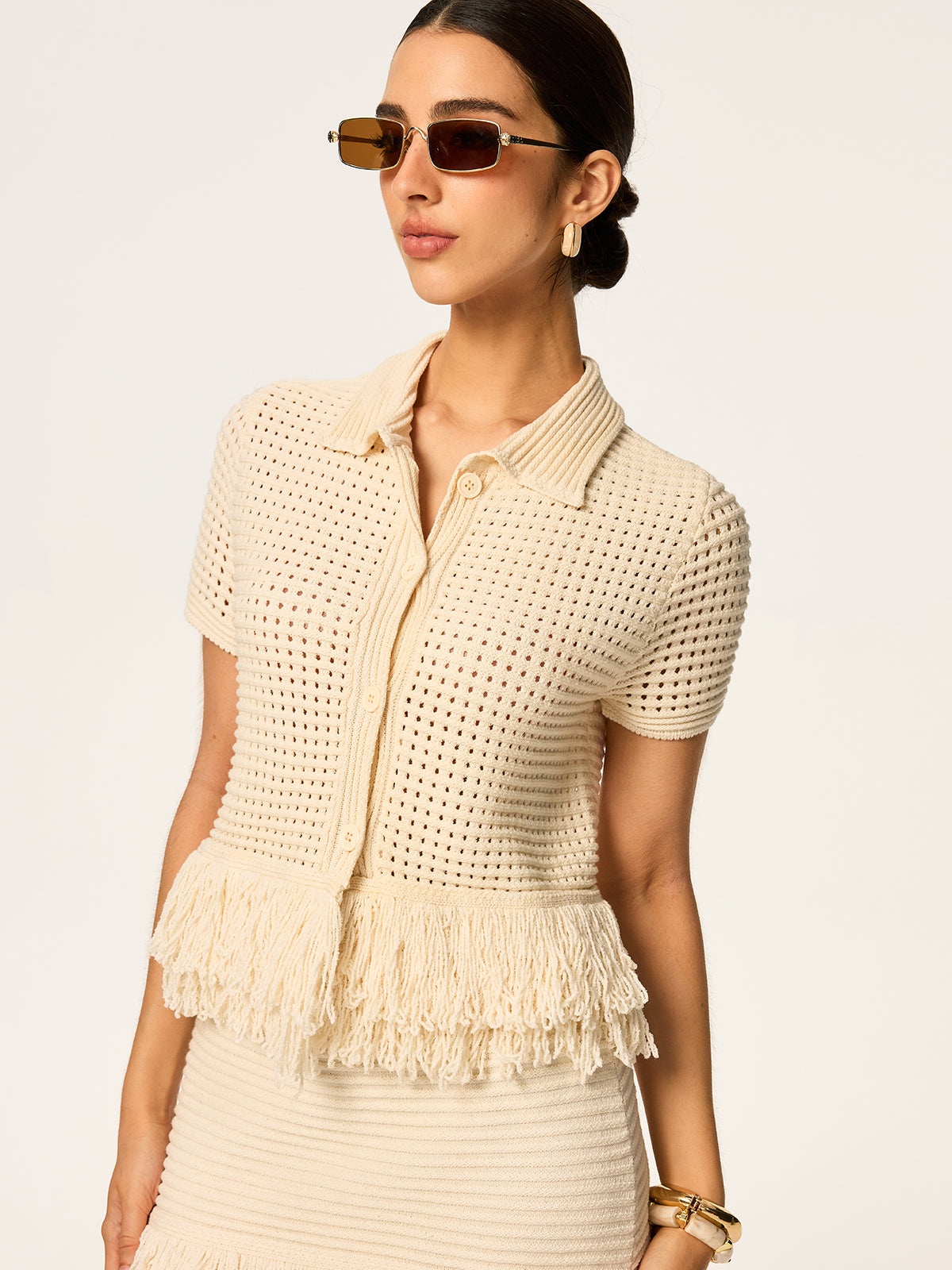 Fringed Mesh Knit Polo Top — Svelte Chic