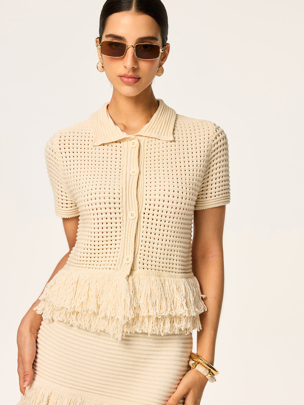 Fringed Mesh Knit Polo Top — Svelte Chic