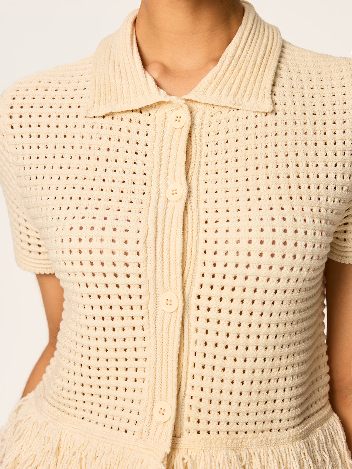 Fringed Mesh Knit Polo Top — Svelte Chic