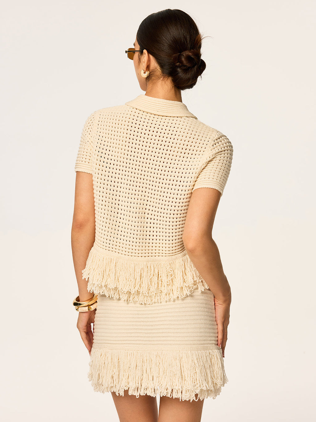 Fringed Mesh Knit Polo Top — Svelte Chic