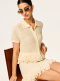 Fringed Mesh Knit Polo Top in Off-White — Svelte Chic