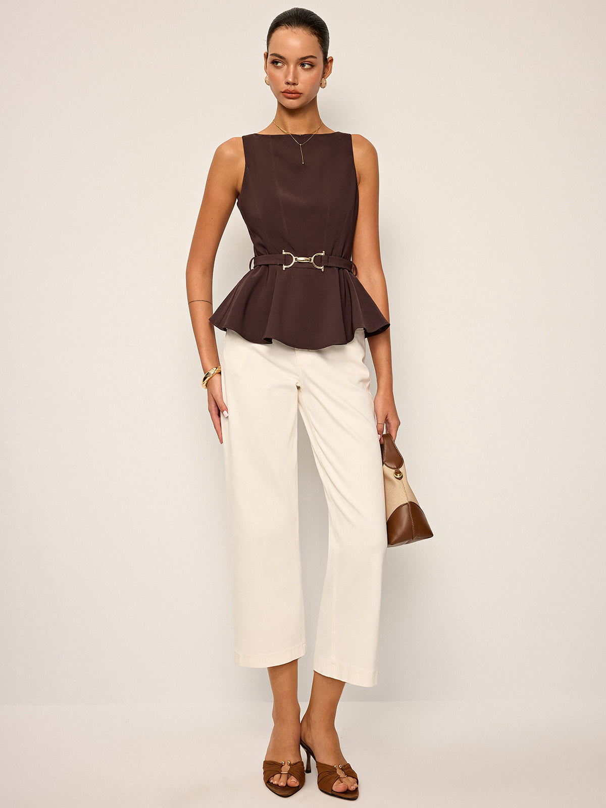 Metal Buckle Belted Peplum Top — Svelte Chic