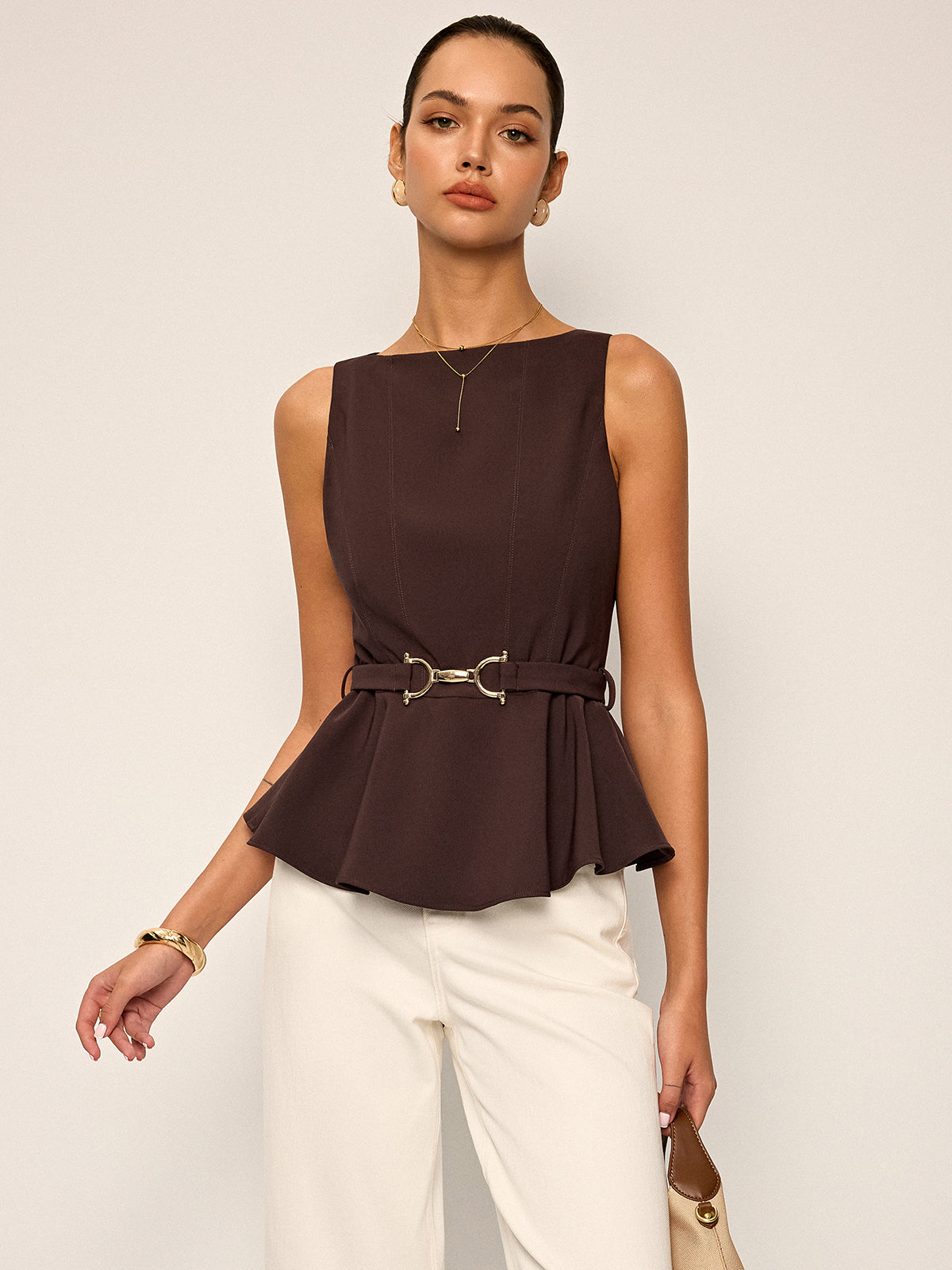 Metal Buckle Belted Peplum Top — Svelte Chic