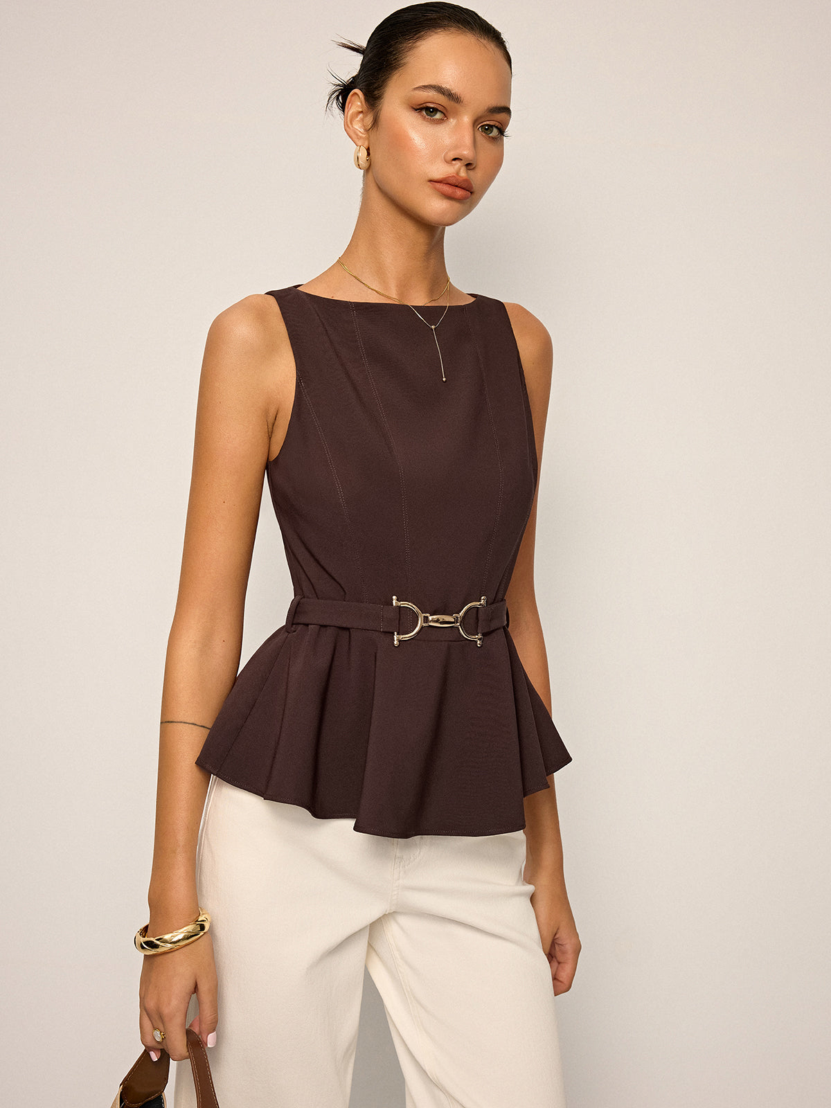 Metal Buckle Belted Peplum Top — Svelte Chic