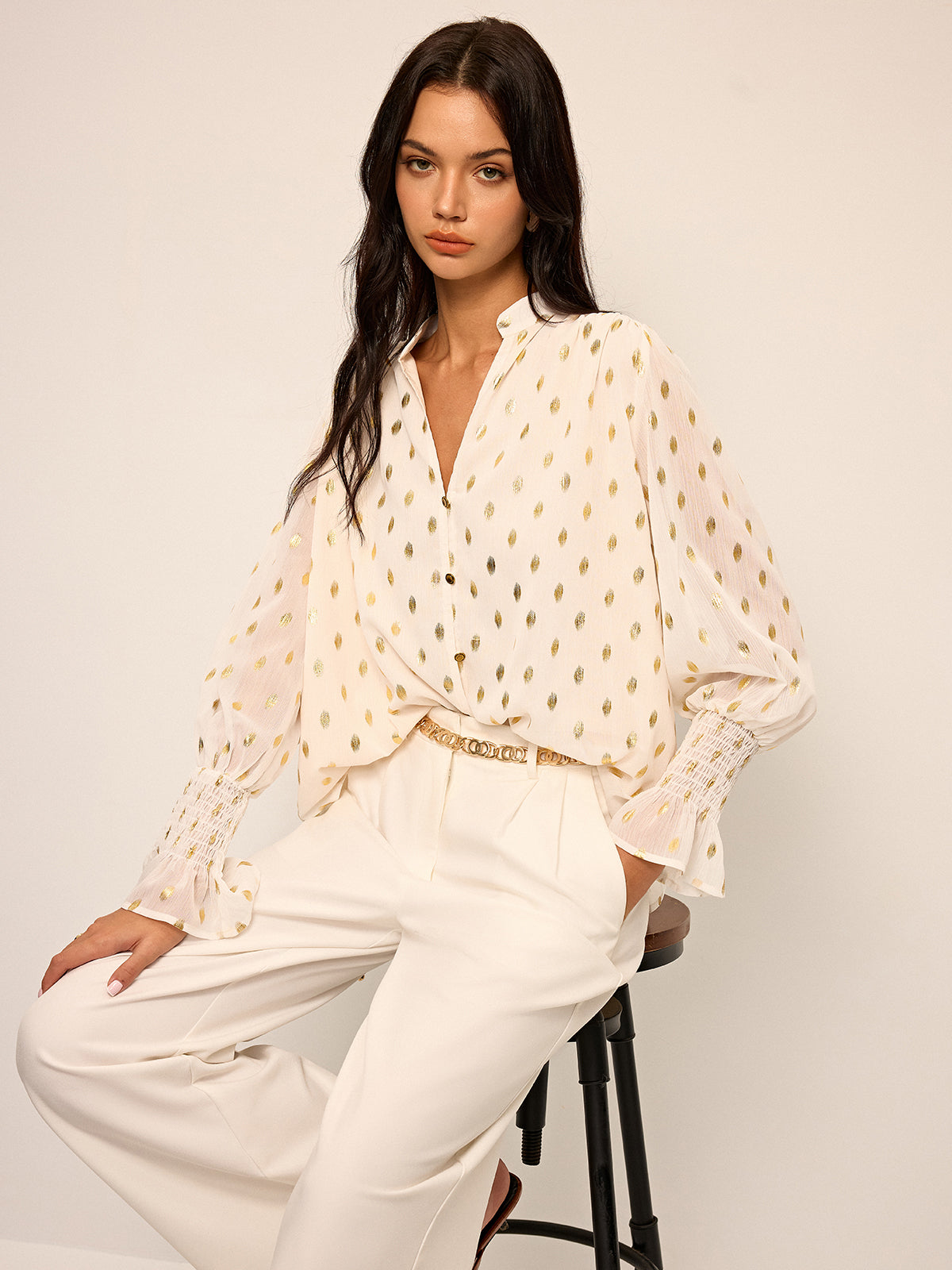 Polka Dot Chiffon Shirt in White — Svelte Chic