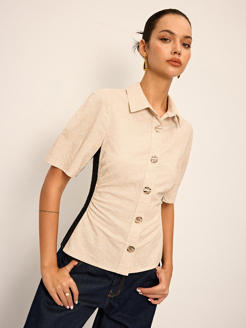 Cotton Linen Contrast Stitch Polo Shirt in Khaki — Svelte Chic