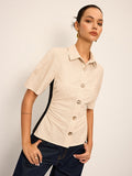 Cotton Linen Contrast Stitch Polo Shirt in Khaki — Svelte Chic