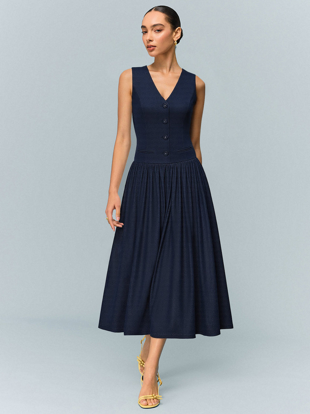 Denim V-Neck Ruched Midi Dress in Blue — Svelte Chic