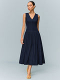 Denim V-Neck Ruched Midi Dress in Blue — Svelte Chic