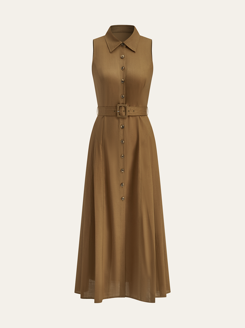 Belted Shirt Collar Midi Dress in Brown — Svelte Chic