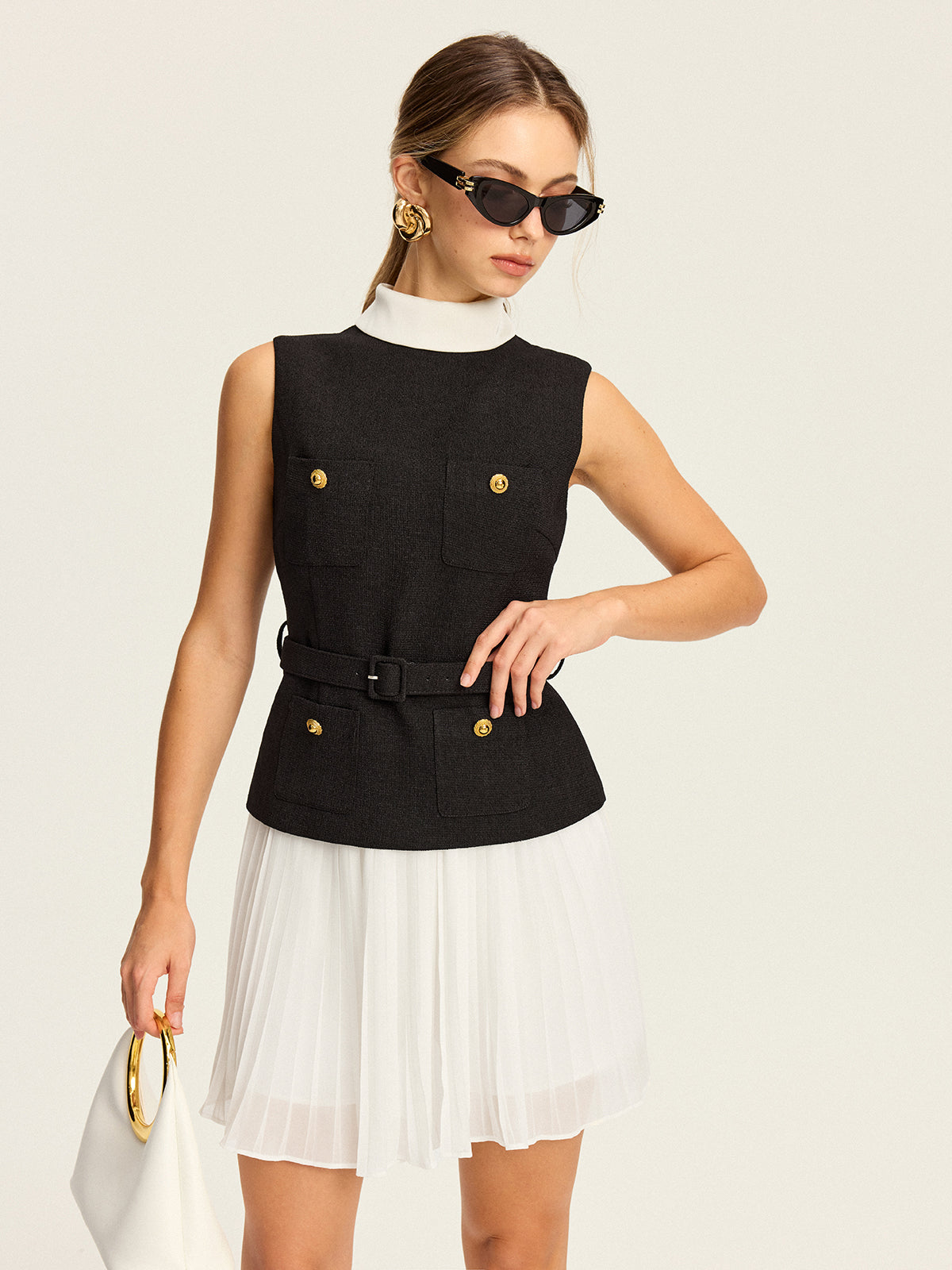 Belted Vest and Pleated Skirt Set — Svelte Chic