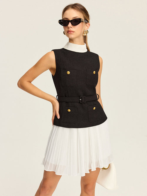 Belted Vest and Pleated Skirt Set in Black — Svelte Chic
