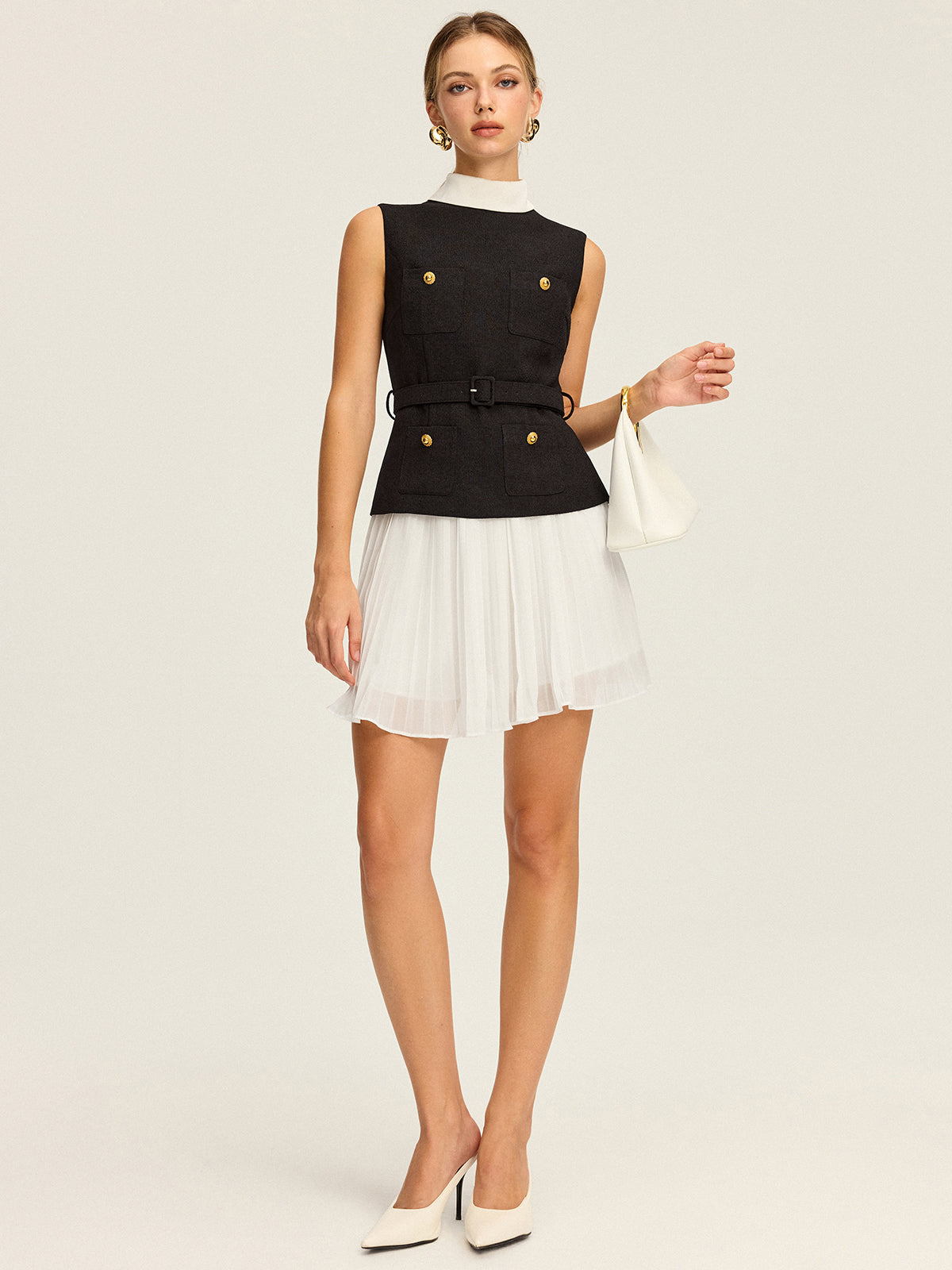 Belted Vest and Pleated Skirt Set — Svelte Chic
