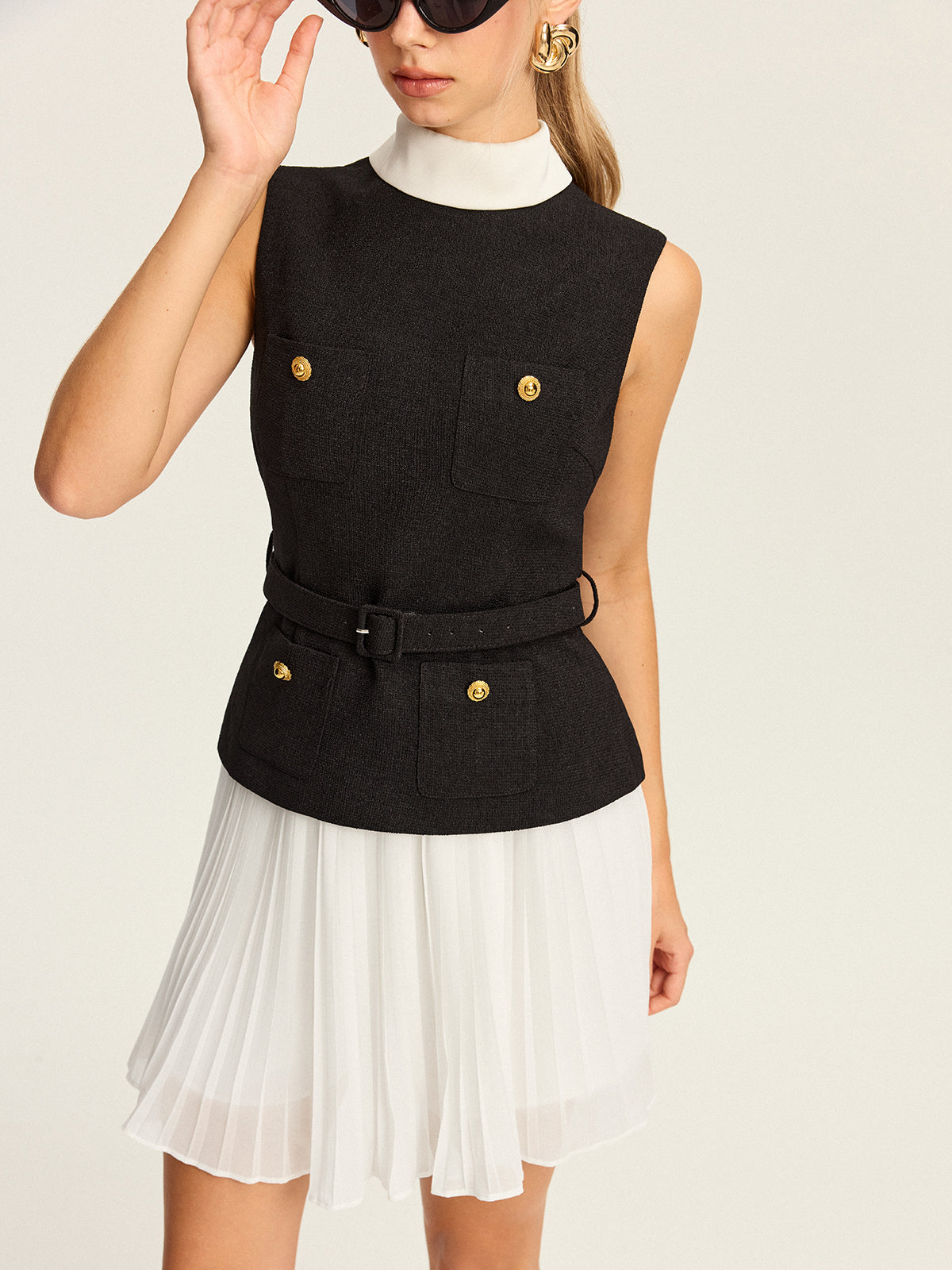 Belted Vest and Pleated Skirt Set — Svelte Chic