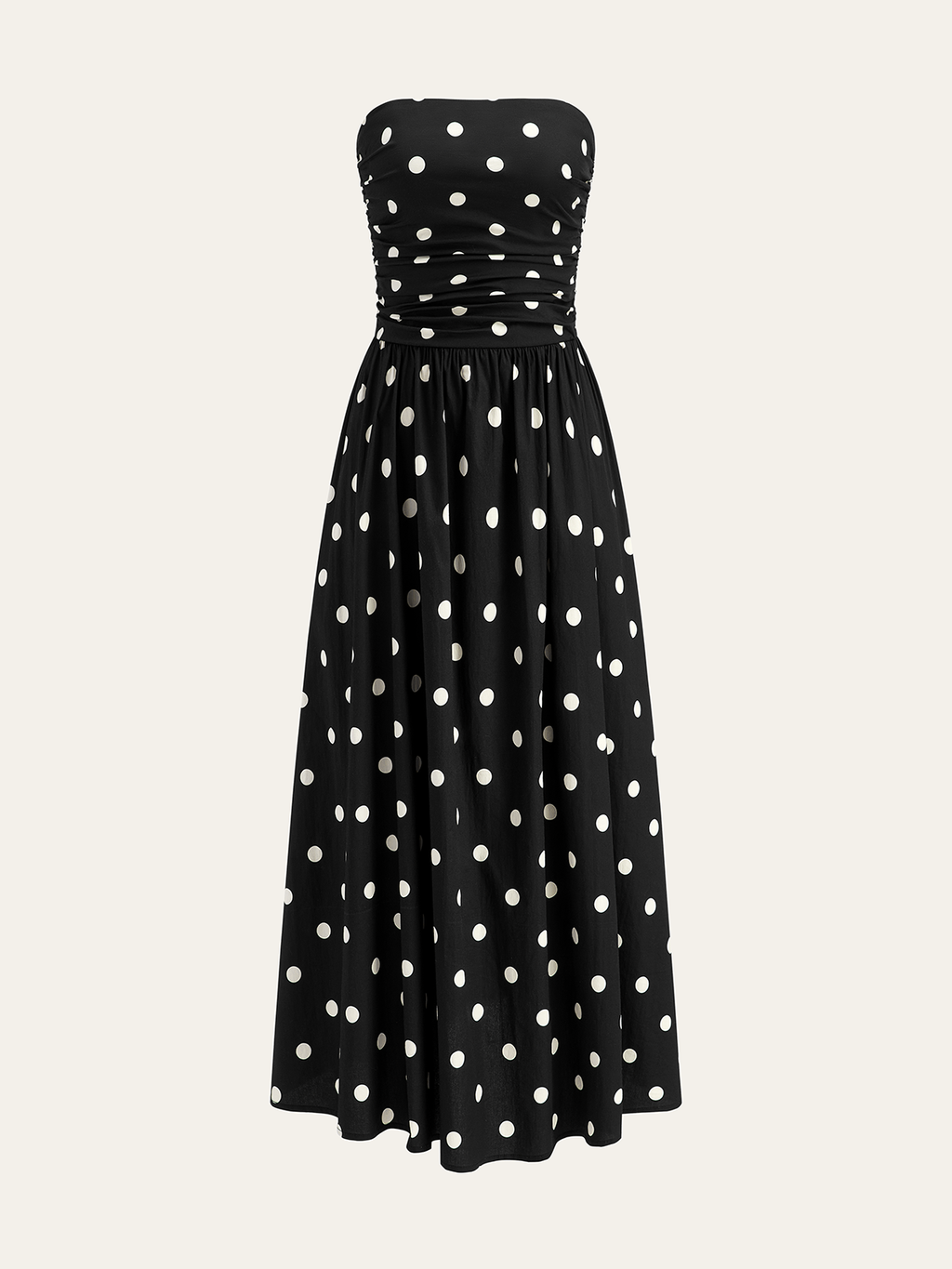 Strapless Polka Dot Ruched Midi Dress in Black — Svelte Chic
