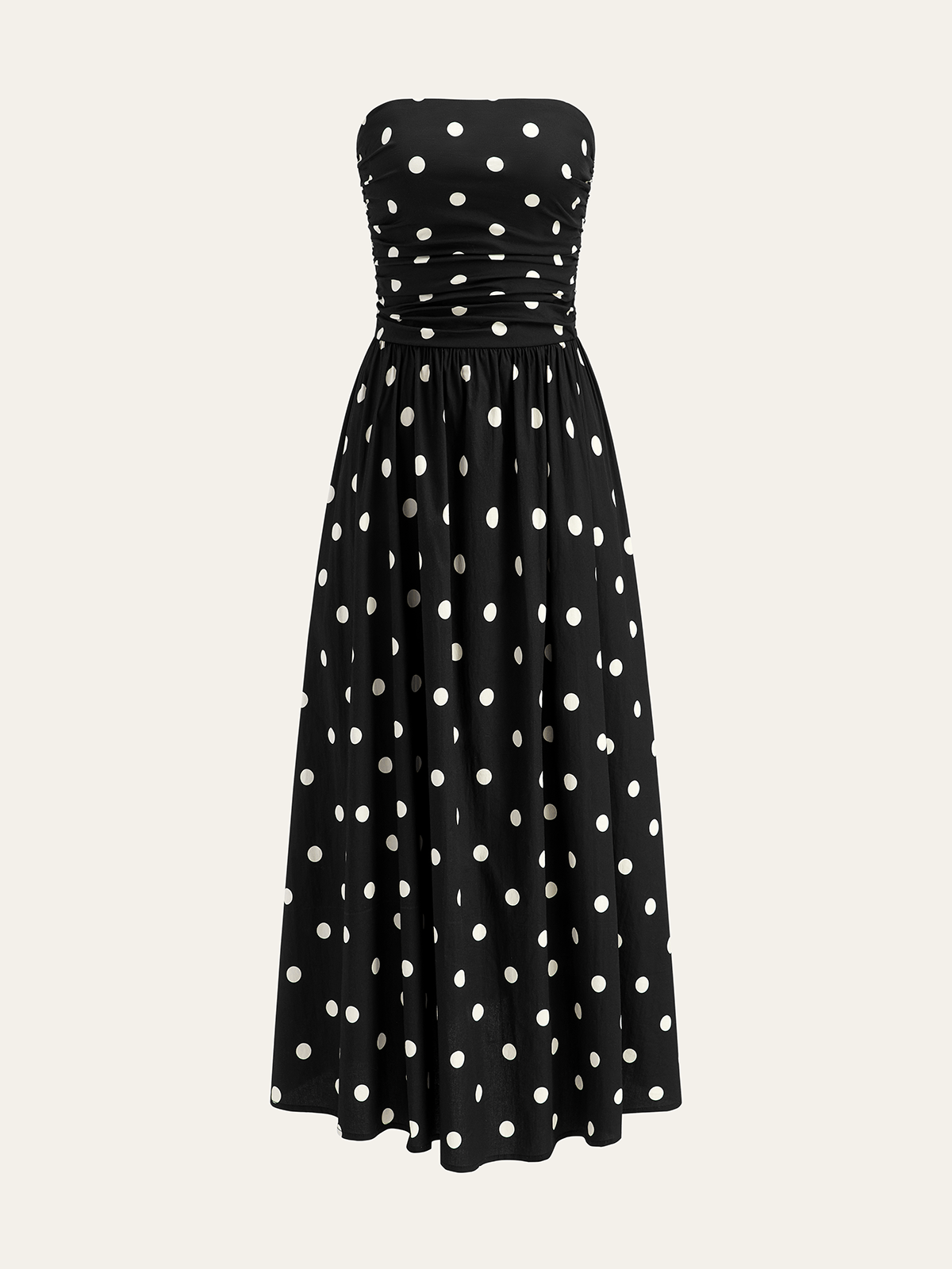 Strapless Polka Dot Ruched Midi Dress in Black — Svelte Chic