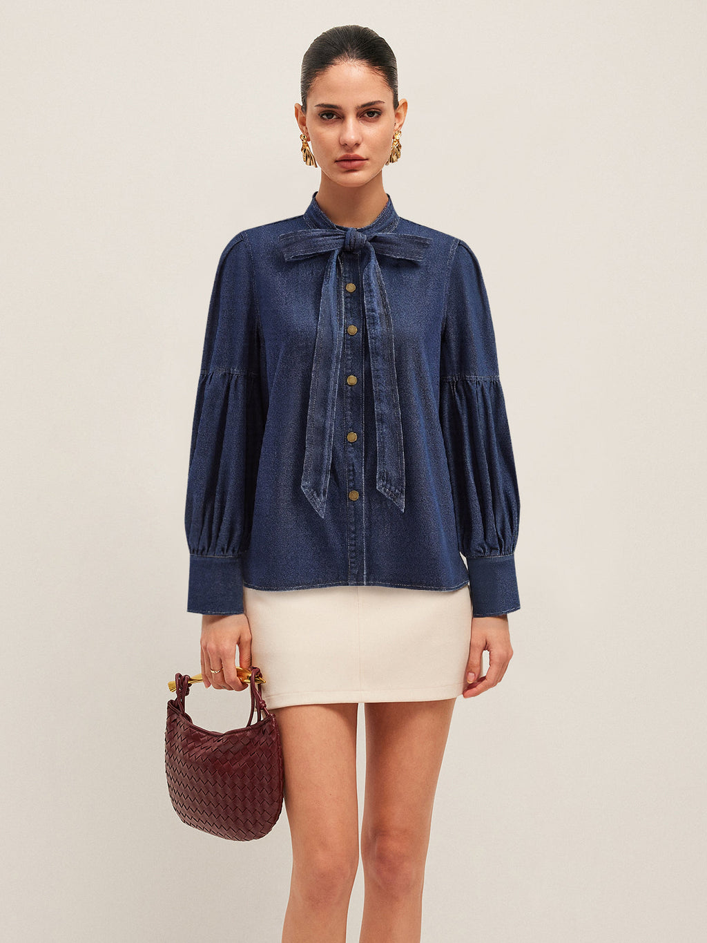 Tie Neck Denim Shirt in Blue — Svelte Chic