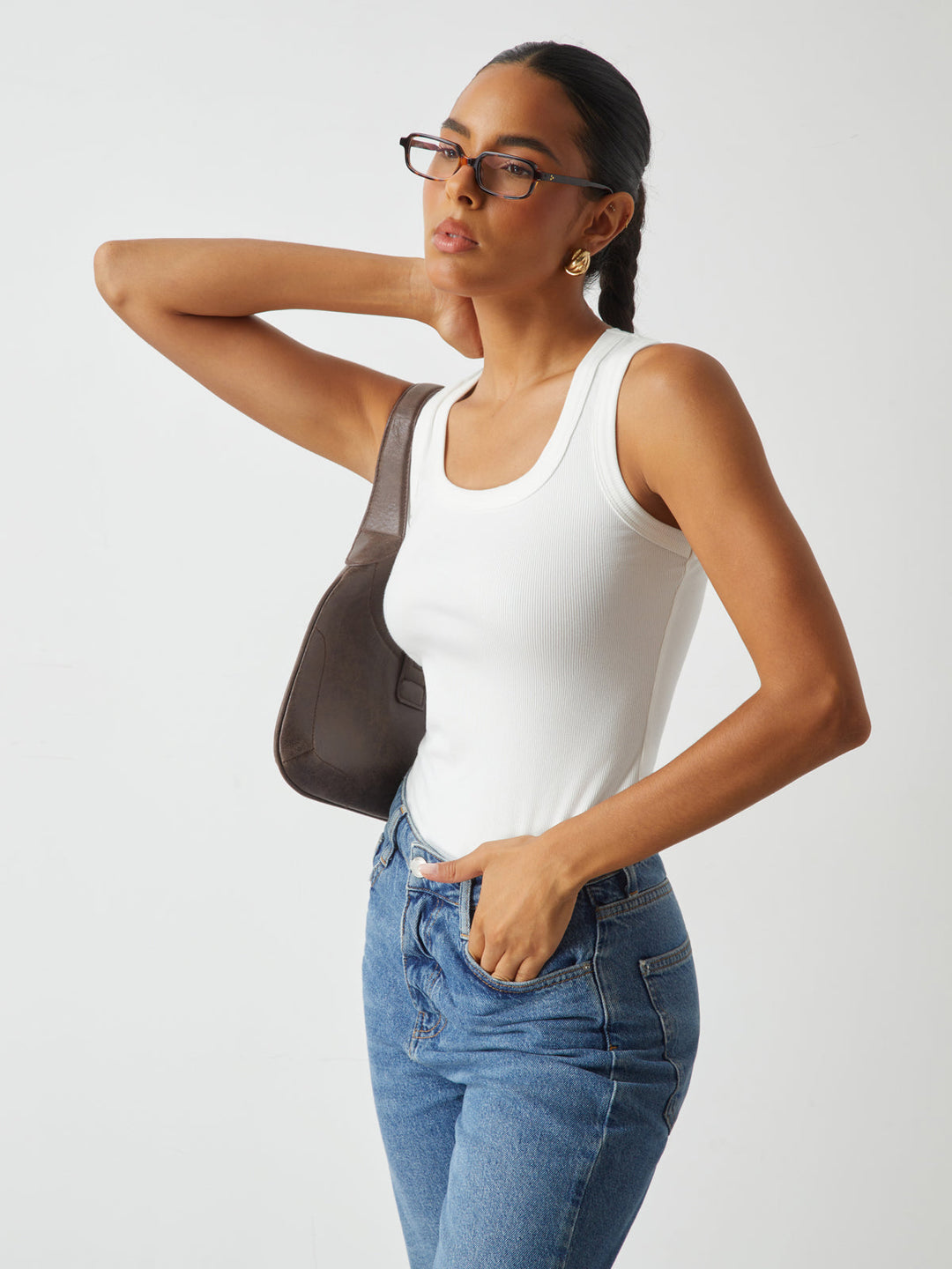 çizgili örgülü yuvarlak yaka tank üst