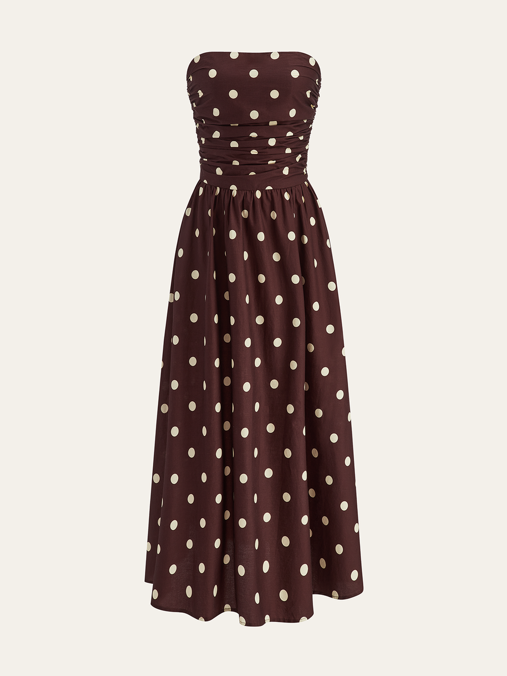 Strapless Polka Dot Ruched Midi Dress in Brown — Svelte Chic