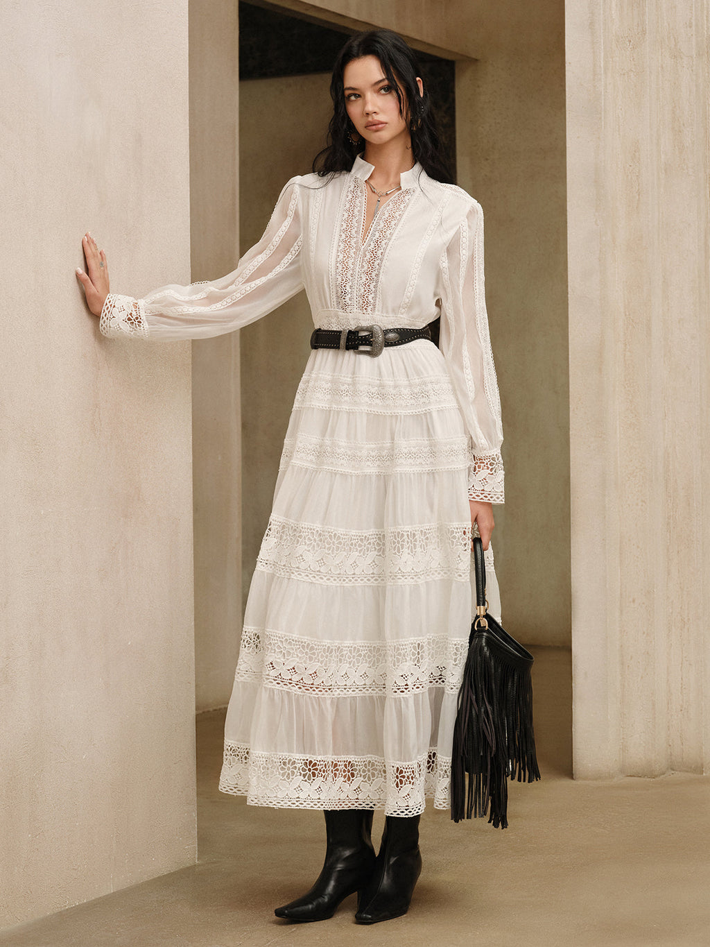 Lace Panel Maxi Dress in White — Svelte Chic