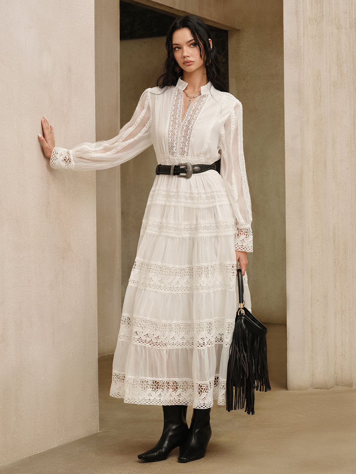 Lace Panel Maxi Dress in White — Svelte Chic
