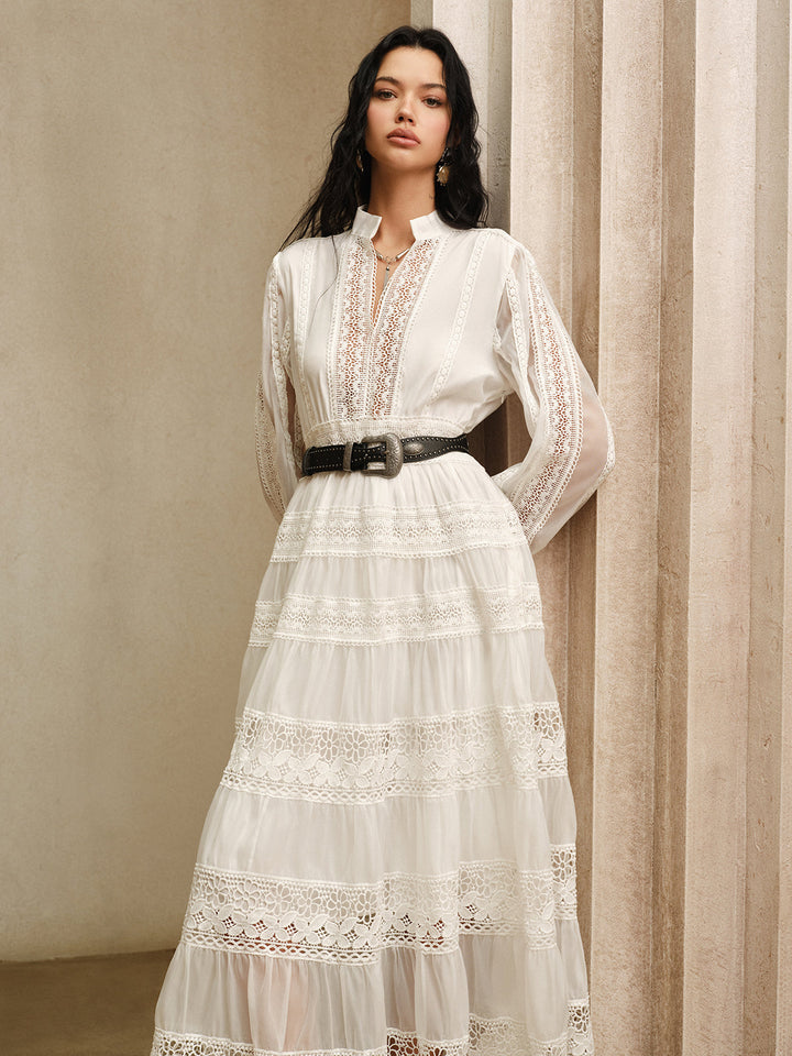 Yarım Durulukta Dantel Panelli Maxi Elbise Kemer Olmadan