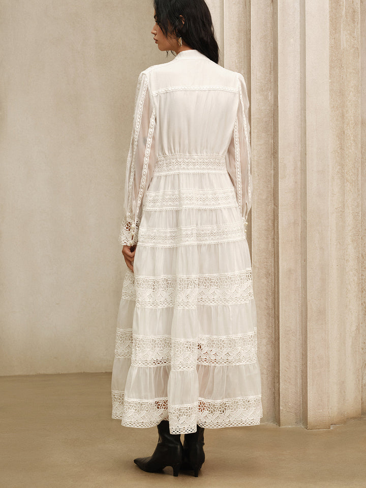 Yarım Durulukta Dantel Panelli Maxi Elbise Kemer Olmadan