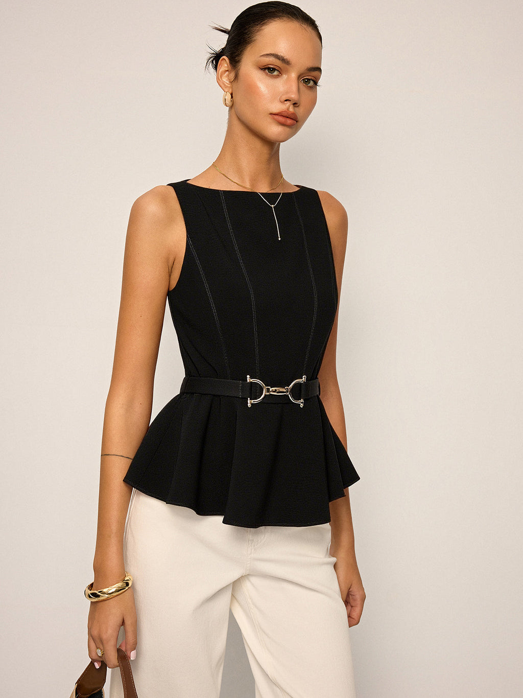 Metal Buckle Belted Peplum Top — Svelte Chic
