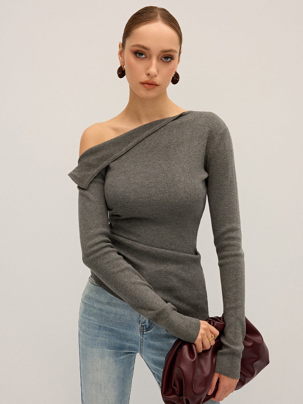One Shoulder Ribbed Knit Top in Grey — Svelte Chic