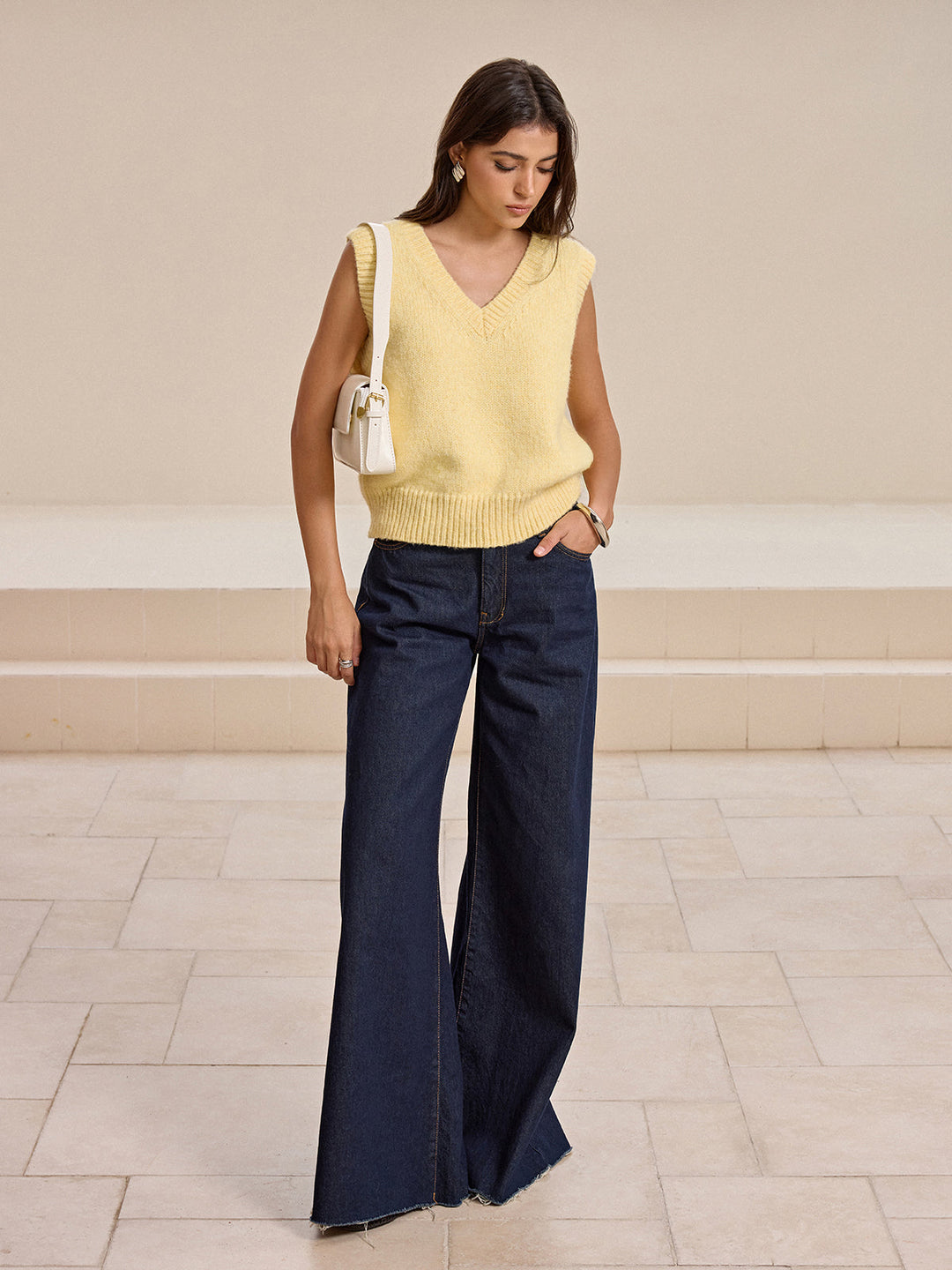 V Yaka Yün Karışımlı Örgü Yelek