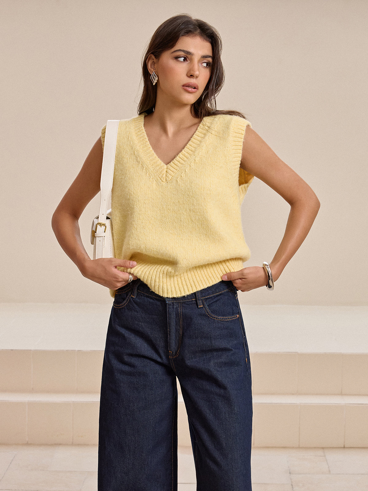 V-Neck Wool Blend Knit Vest in Yellow — Svelte Chic