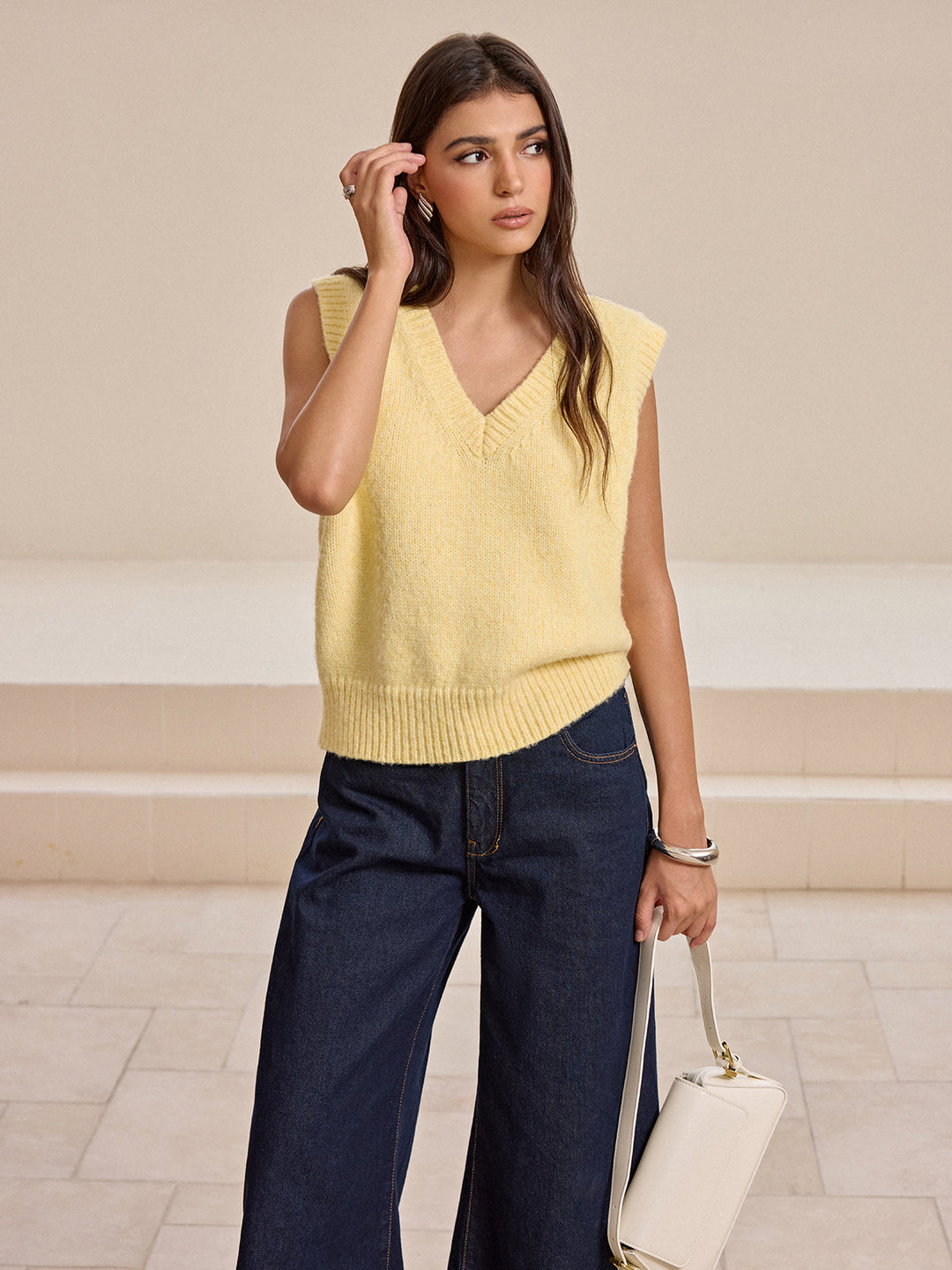 V Yaka Yün Karışımlı Örgü Yelek