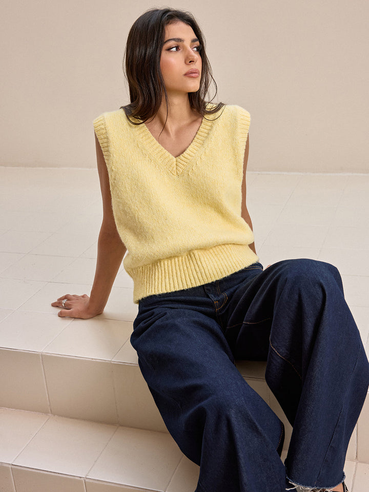 V Yaka Yün Karışımlı Örgü Yelek