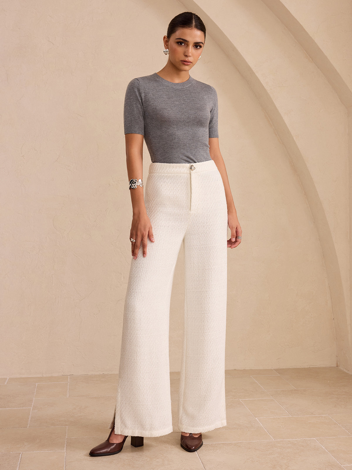 Tweed Side Slit Wide Leg Trousers — Svelte Chic