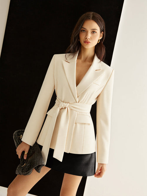 Belted Woven Blazer in White — Svelte Chic