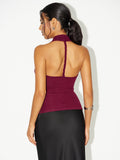 Cowl Neck Halter Jersey Top in Burgundy — Svelte Chic