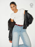 Ribbed Crew Neck Cotton Blend Top in White — Svelte Chic