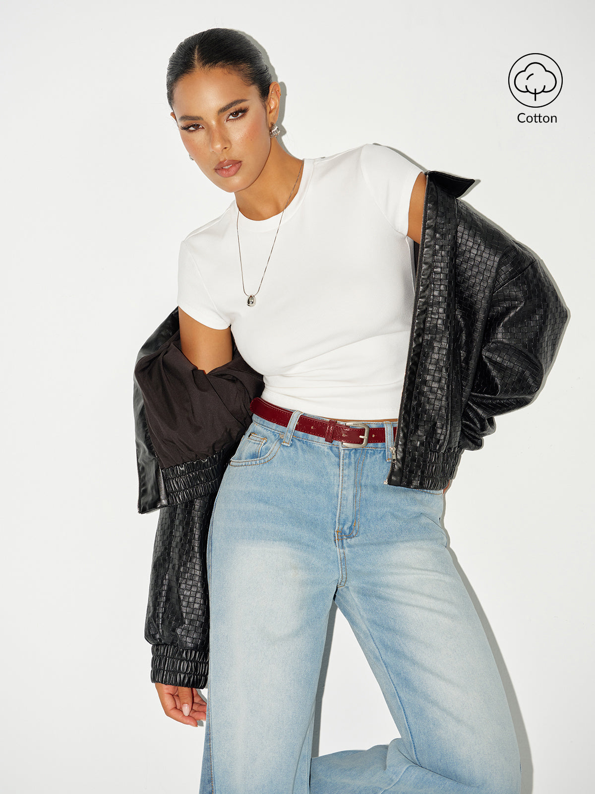 Ribbed Crew Neck Cotton Blend Top in White — Svelte Chic