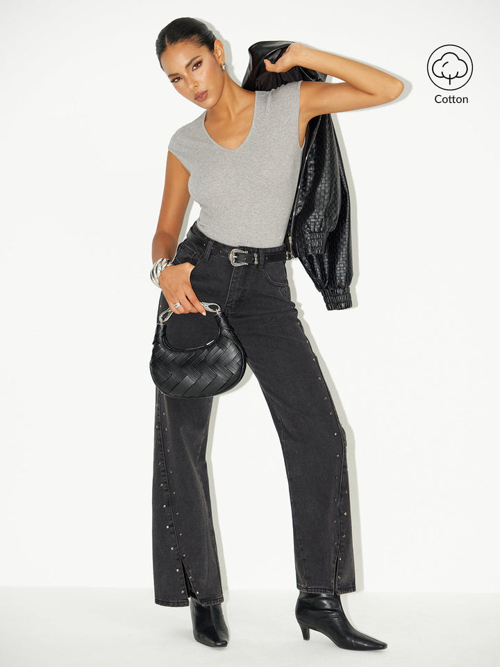 Блуза от памучна смес с V-образно деколте и ръкав с капак 