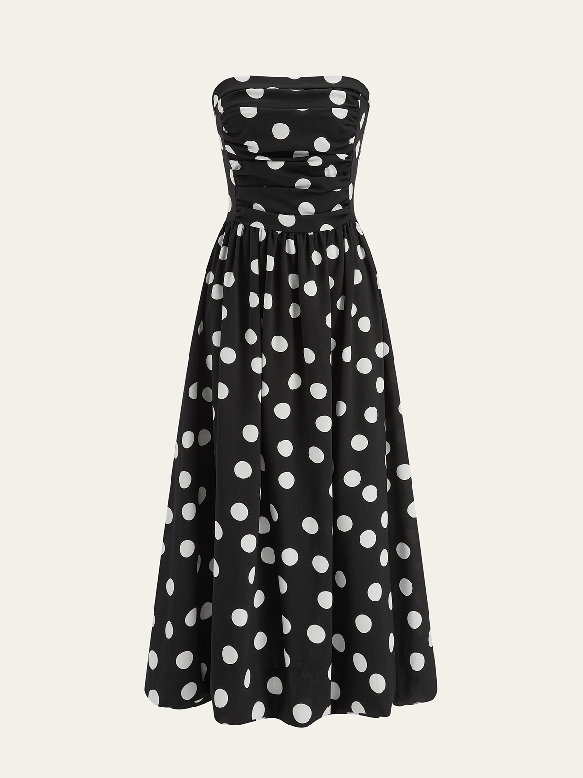 Strapless Polka Dot Ruched Maxi Dress in Black — Svelte Chic