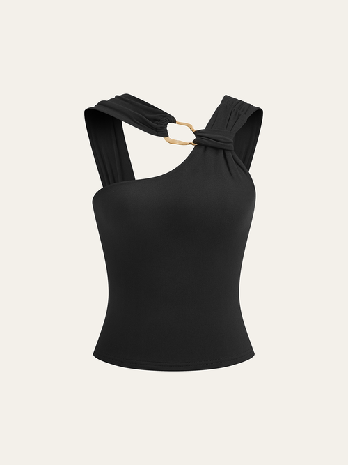 Asymmetric Strap Metal Ring Top in Black — Svelte Chic