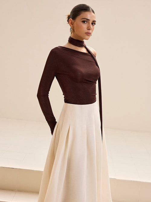 Asymmetric Neck Bow Detail Top in Dark Brown — Svelte Chic