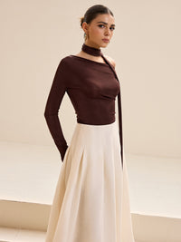 Asimetrik Boyun Fiyonk Detaylı Uzun Kollu T-shirt